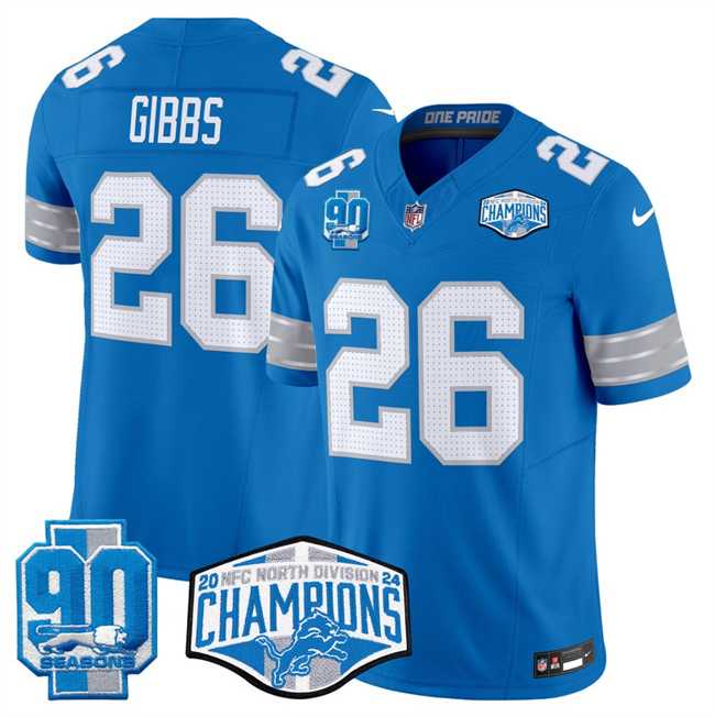 Men%27s Detroit Lions #26 Jahmyr Gibbs Blue 2024 NFC North Champions 90th Anniversary Patch F.U.S.E. Vapor Limited Stitched Jersey->detroit lions->NFL Jersey